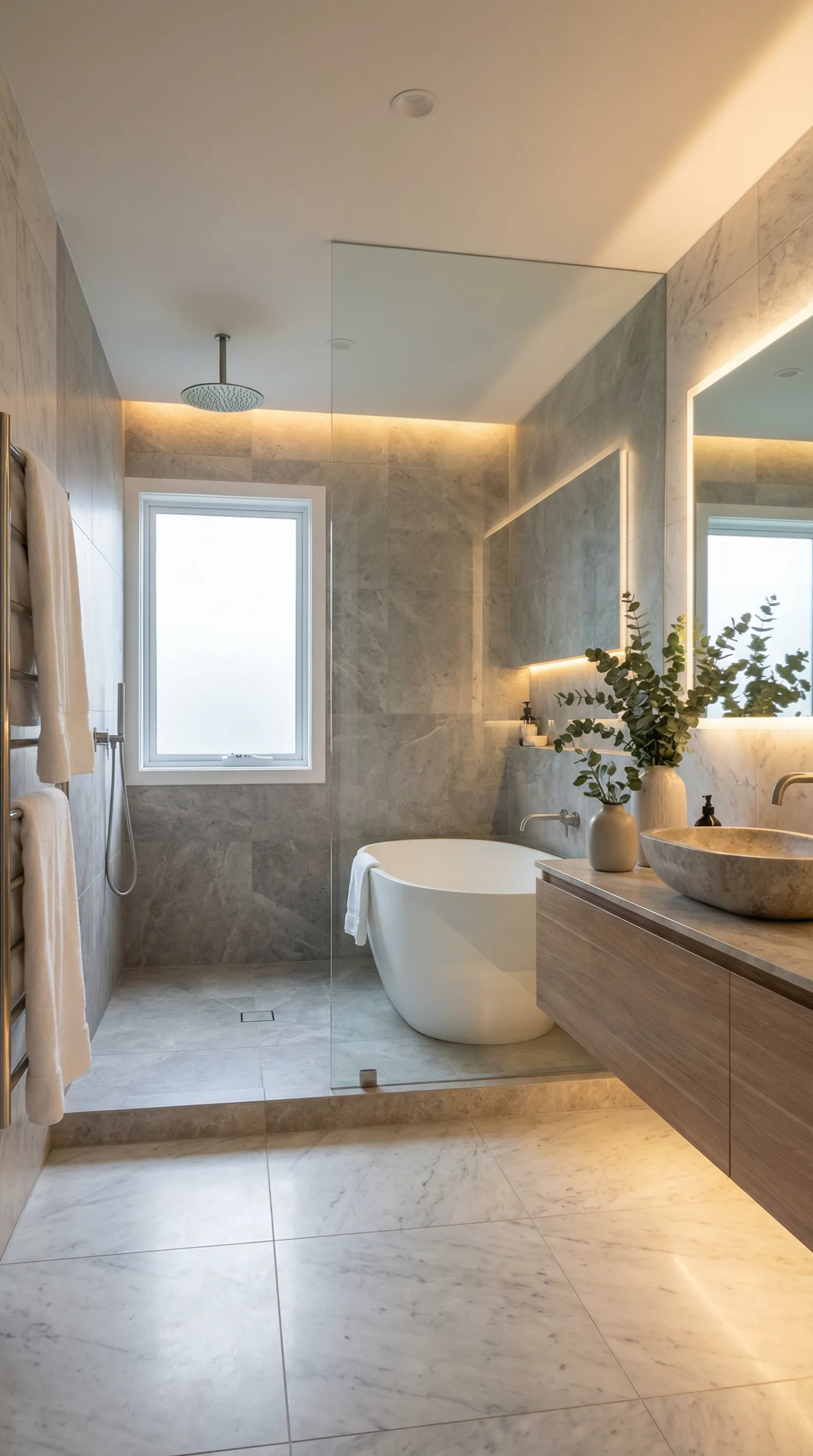 Spa-like bathroom with steam and soft lighting