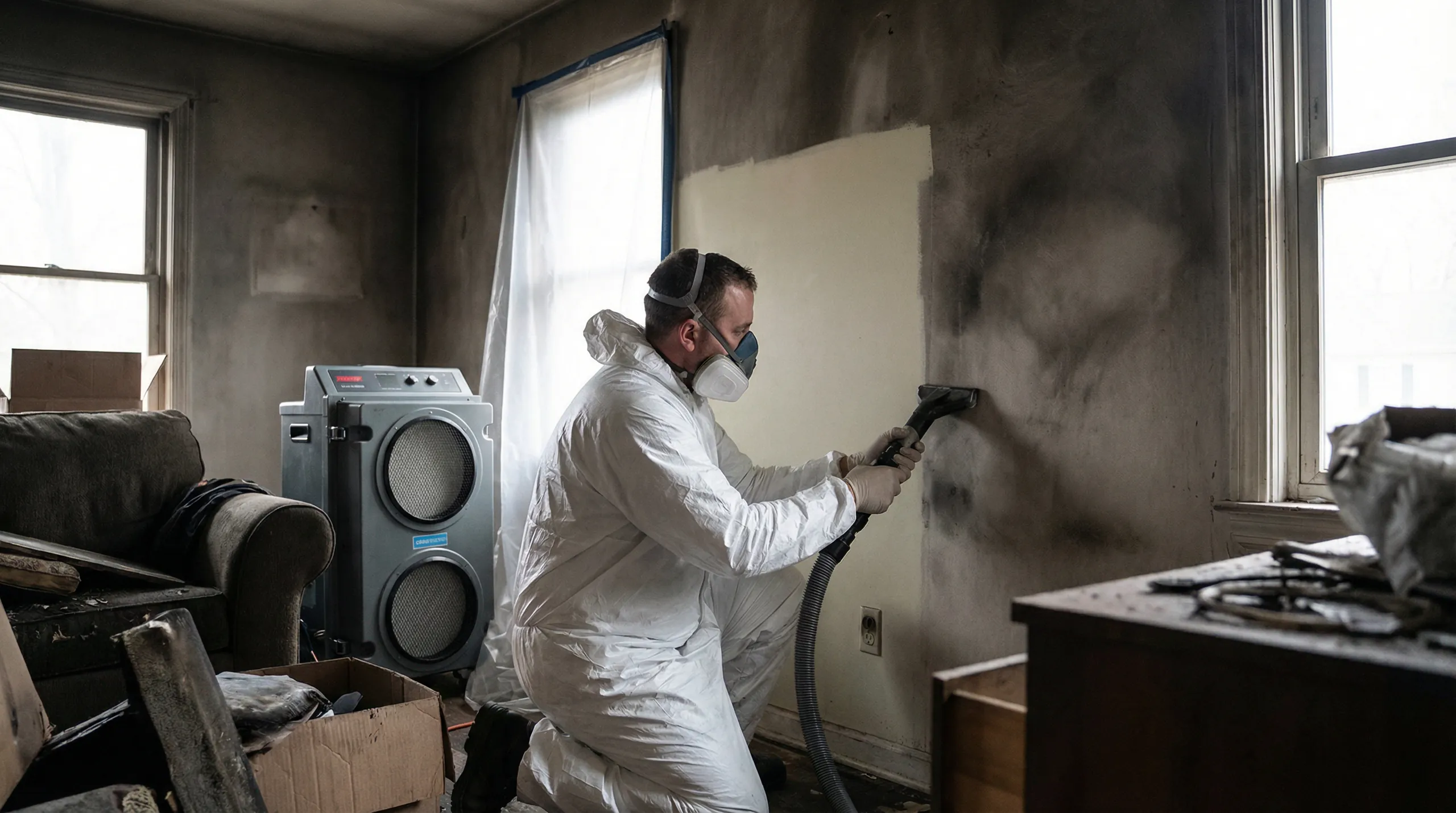 Fire and smoke damage restoration professionals at work